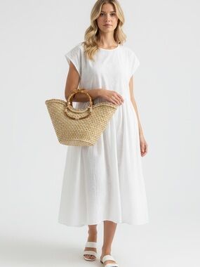 Medium Size Woven Straw Tote Bag with Red Polka Dot Lining